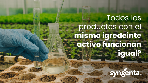 Mano con guante en laboratorio agrícola; texto publicitario de Syngenta sobre ingredientes activos