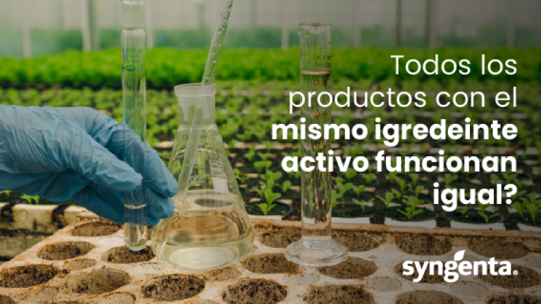 Mano con guante en laboratorio agrícola; texto publicitario de Syngenta sobre ingredientes activos