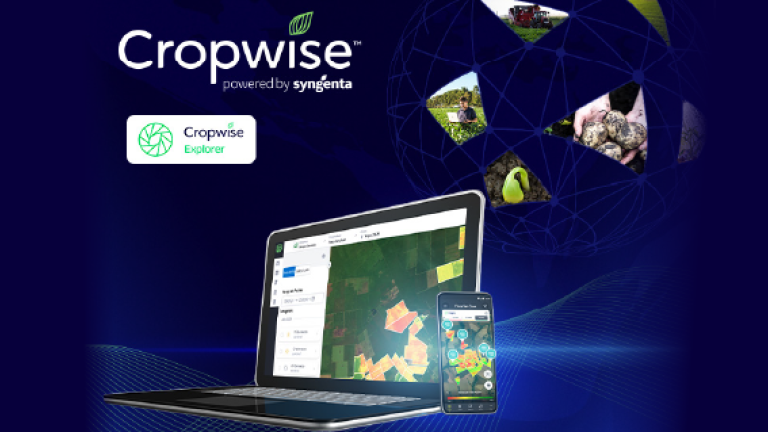 Banner gráfico de Cropwise con laptop y móvil mostrando un mapa agrícola en fondo azul