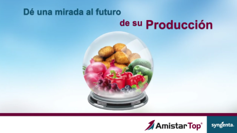 Gráfico con frutas y verduras bajo una cúpula; texto “De una mirada al futuro de su Producción”