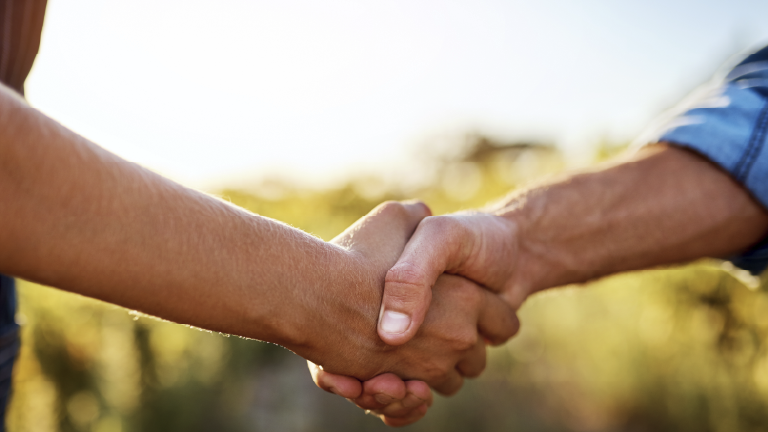 Primer plano de dos personas dándose la mano al aire libre con luz cálida