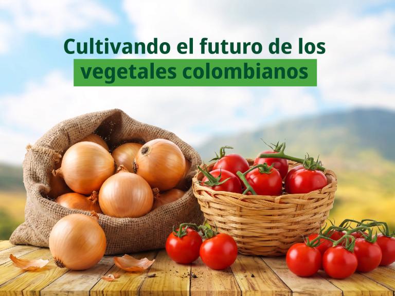 Cesta con tomates y huevos sobre mesa rústica, con montañas de fondo y texto en verde