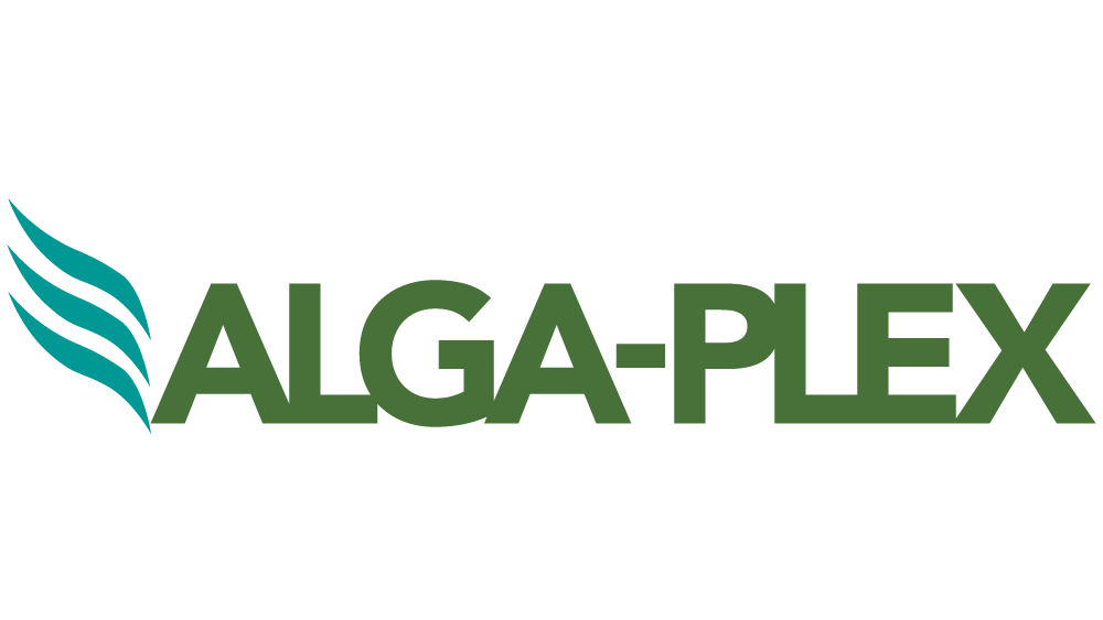 Logotipo de ALGA-PLEX en verde con símbolo de hojas a la izquierda