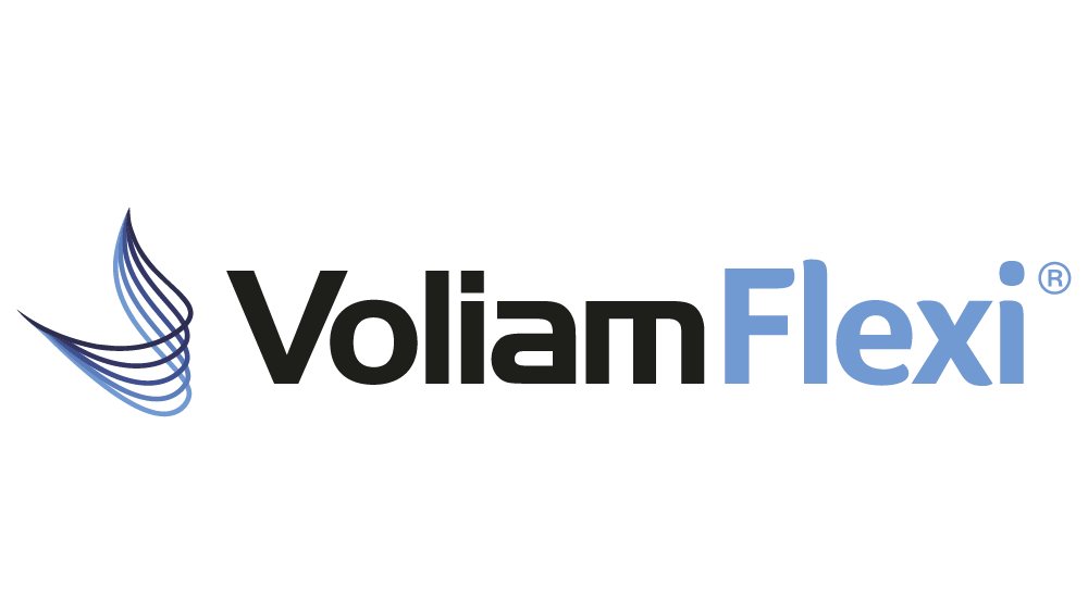 Logotipo de Vollam Flexi con ala azul y texto negro y azul